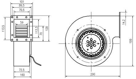 單進風(fēng)前傾式蝸殼離心風(fēng)機YWFF140外形尺寸圖