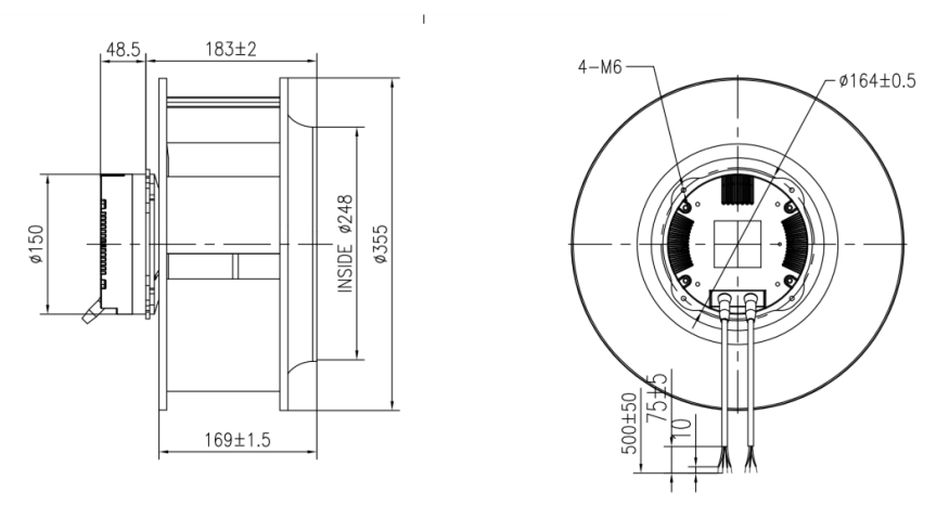 EC后傾式離心風(fēng)機355mm外形尺寸圖