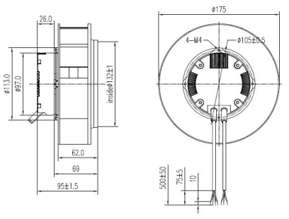 EC后傾式離心風(fēng)機175mm外形尺寸圖